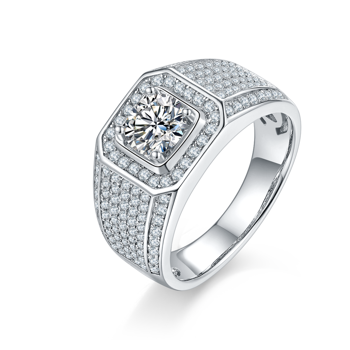 Wenjun S925 Silver Plated Platinum Moissanite Diamond Men's Ring 1 Carat D-Class