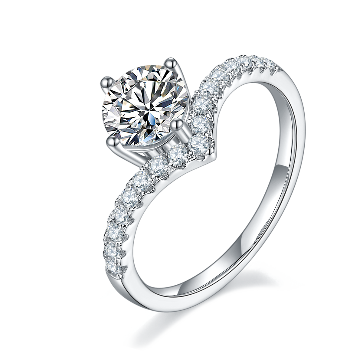 V-shaped S925 silver plated platinum Moissanite women's ring 1 carat D-grade