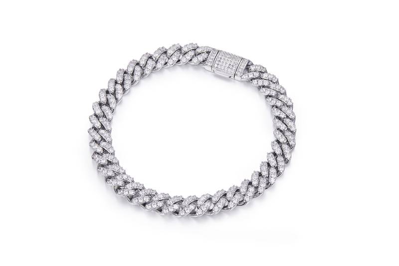 8mm宽Cuban ChainS925银镶Moissanite厘石圆形白色DVVS