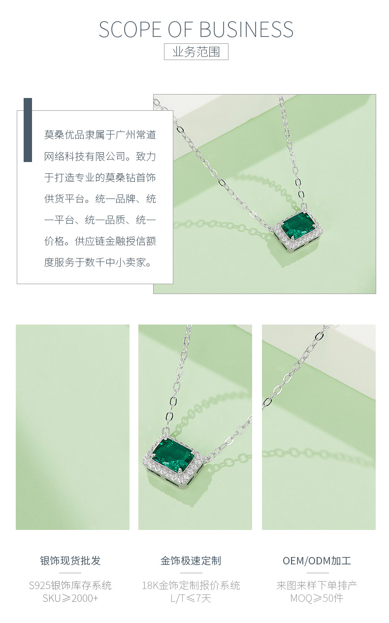 N0005 长方形培育祖母绿S925银镀白金项链7*5mm/0.9CT - 3