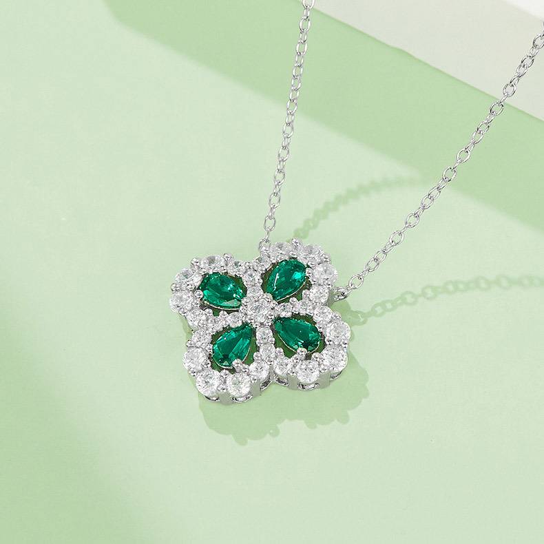 P2020306 四叶草培育祖母绿S925银镀白金Necklace1.0ct