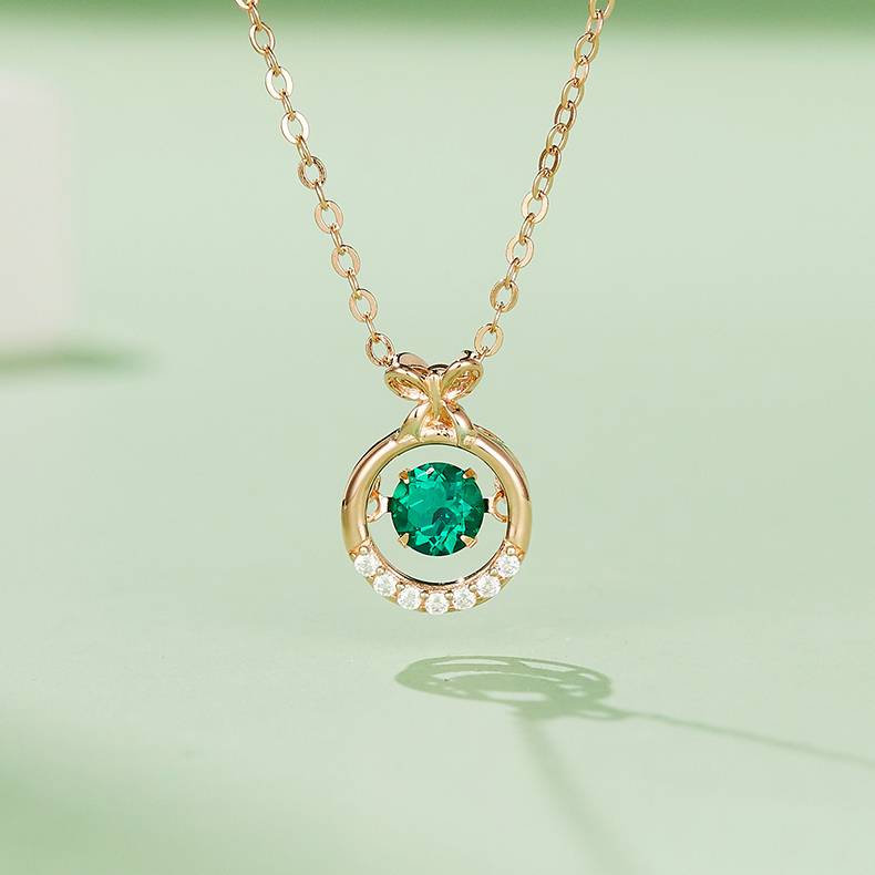 HP0007 圆形培育祖母绿S925银镀白金/玫瑰金项链0.5CT