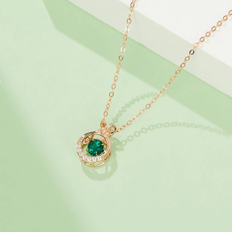 HP0007 圆形培育祖母绿S925银镀白金/玫瑰金项链0.5CT