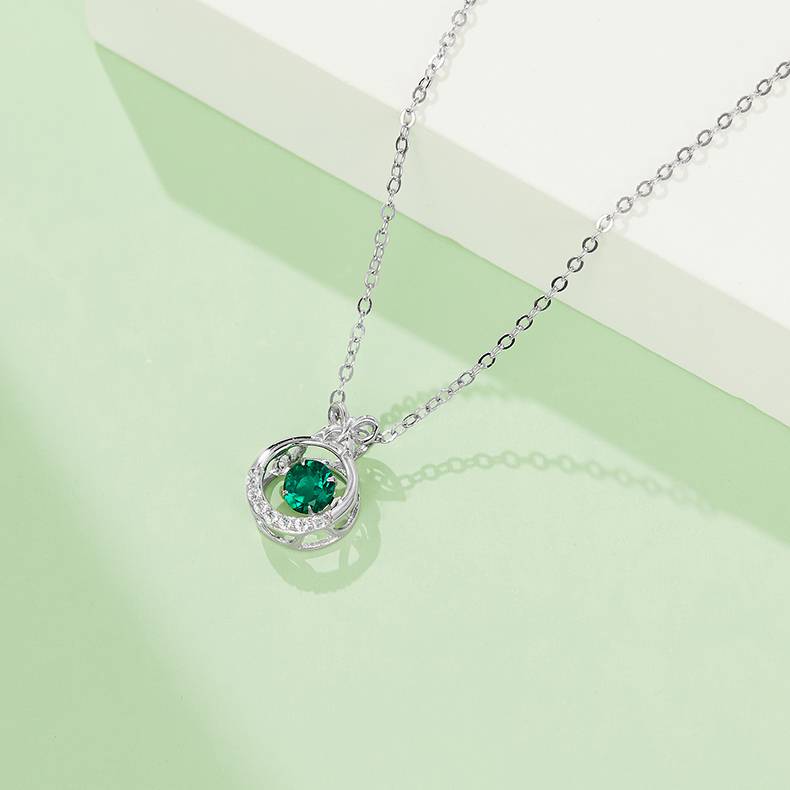 HP0007 圆形培育祖母绿S925银镀白金/玫瑰金项链0.5CT