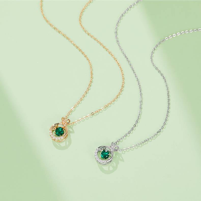HP0007 圆形培育祖母绿S925银镀白金/玫瑰金Necklace0.5ct