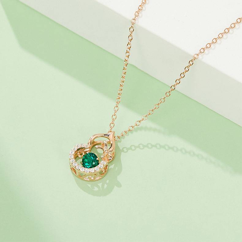 LP0023 圆形培育祖母绿S925银镀白金/玫瑰金项链0.25CT