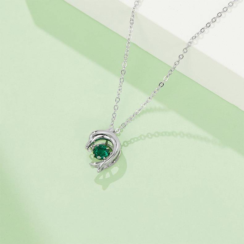 LP0076 圆形培育祖母绿S925银镀白金/玫瑰金Necklace0.25ct