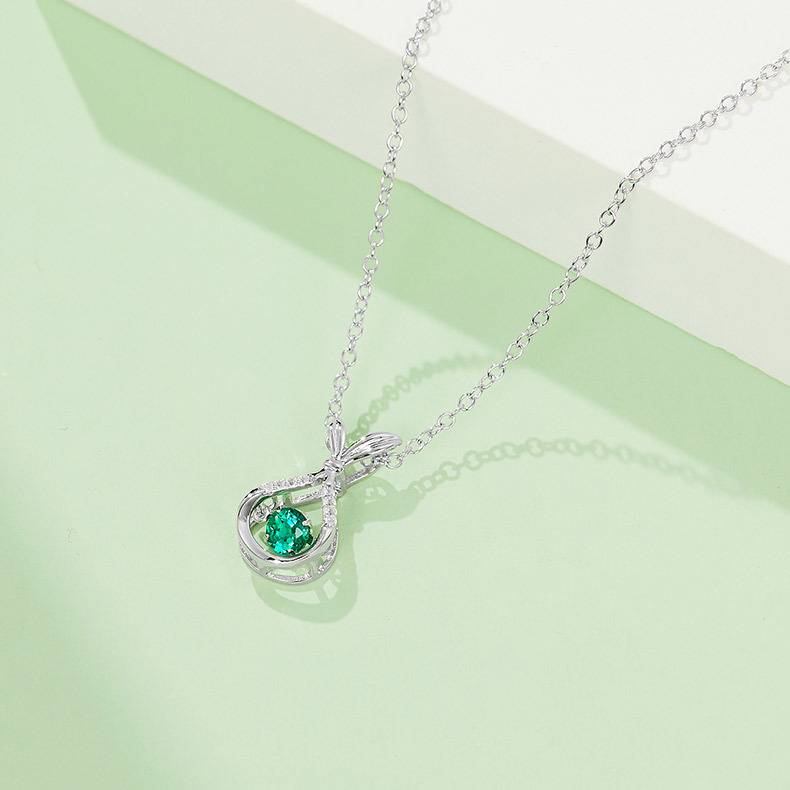 LP0199 圆形培育祖母绿S925银镀白金/玫瑰金项链0.25CT