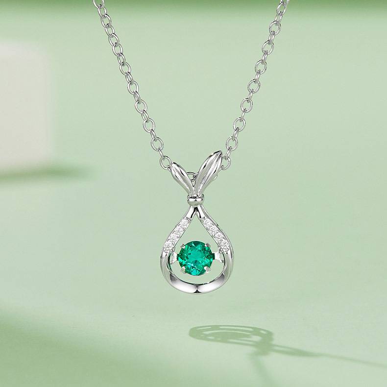 LP0199 圆形培育祖母绿S925银镀白金/玫瑰金项链0.25CT