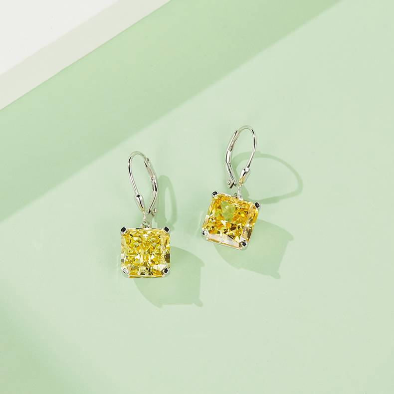 ES03155A款S925银镀白金高碳钻耳环冰花切黄色10*10mm正方