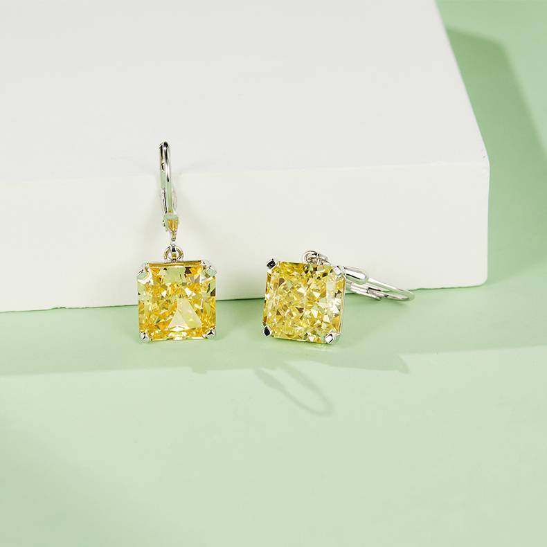 ES03155A款S925银镀白金高碳钻耳环冰花切黄色10*10mm正方
