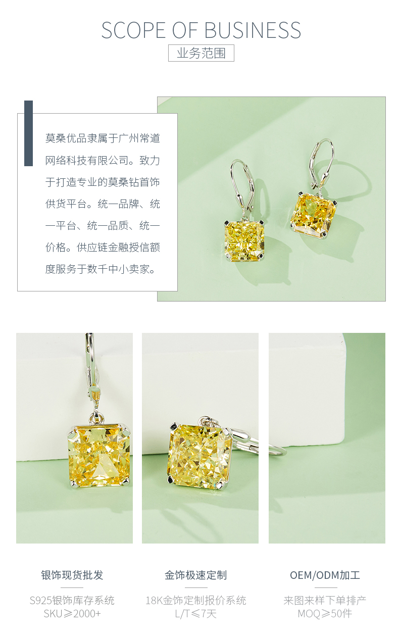 ES03155A款S925银镀白金高碳钻耳环冰花切黄色10*10mm正方 - 3