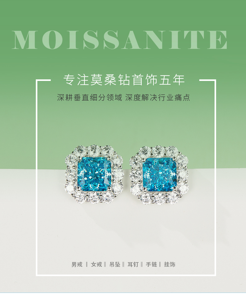 ES03157A1款S925银镀白金高碳钻耳环冰花切蓝色8*8mm正方 - 1