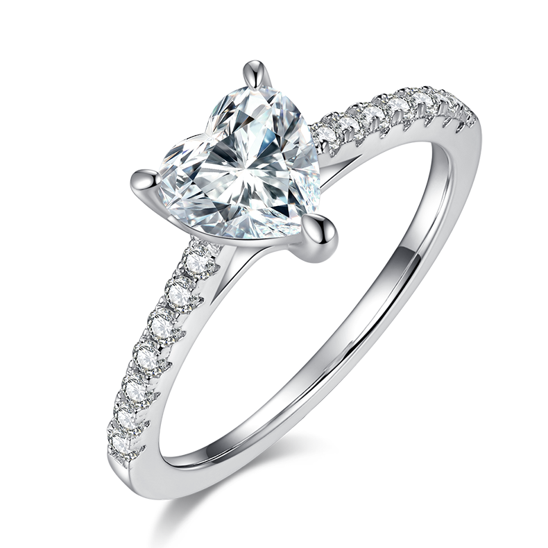 Micro set heart-shaped S925 silver plated white gold moissanite diamond women's ring 1.0 carat D-grade