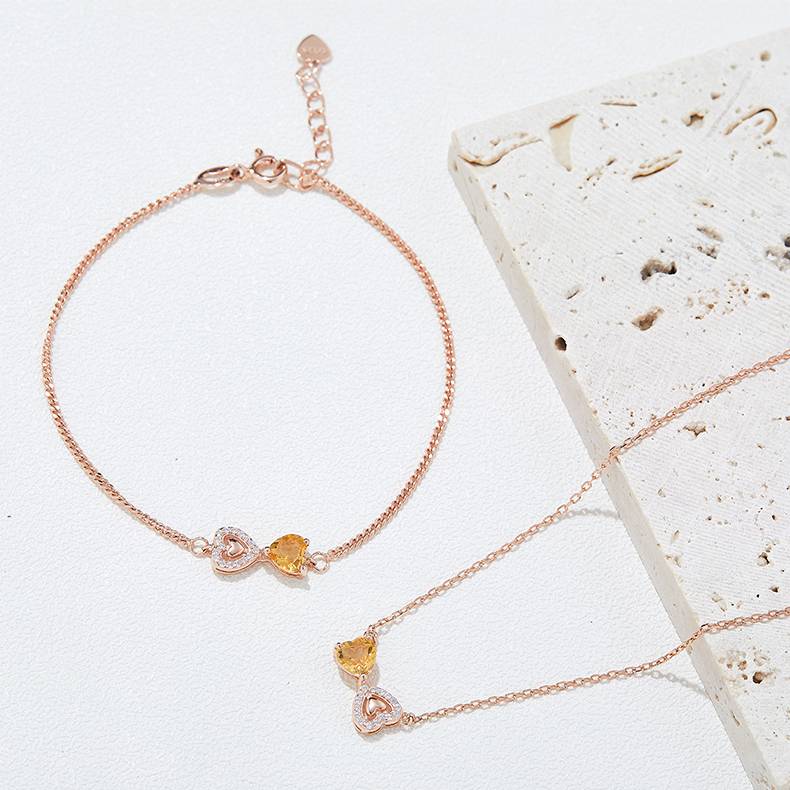 S925银镀玫瑰金天然黄水晶NecklaceBracelet套装