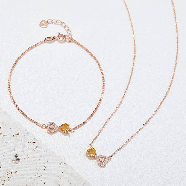 S925银镀玫瑰金天然黄水晶NecklaceBracelet套装