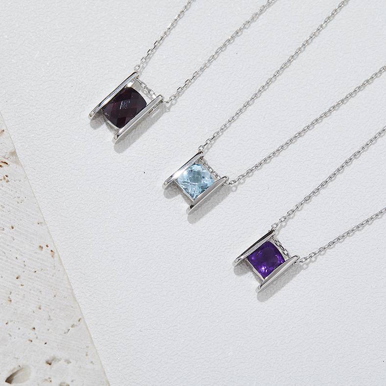 S925银镀白金石榴石/紫水晶/托帕石Necklace