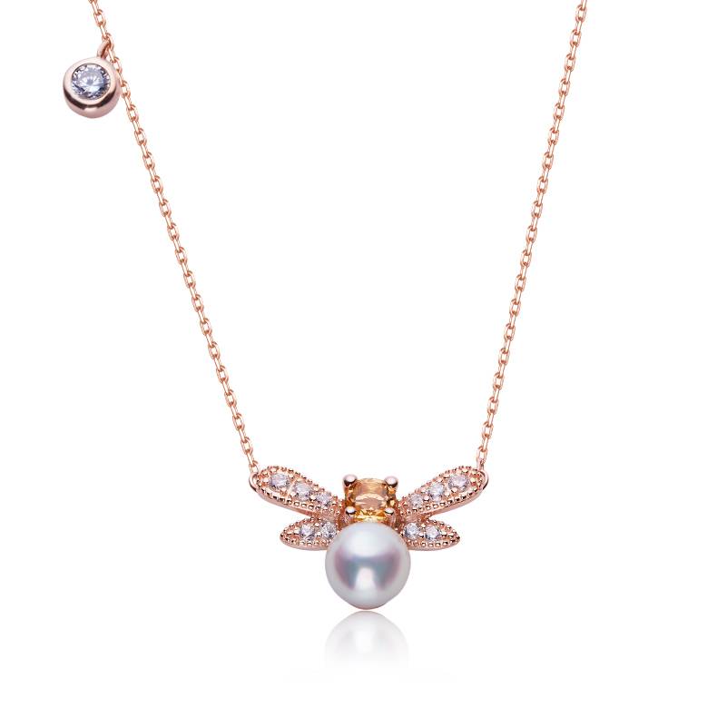 S925银镀18K玫瑰金淡水珍珠小蜜蜂NecklaceBracelet套装