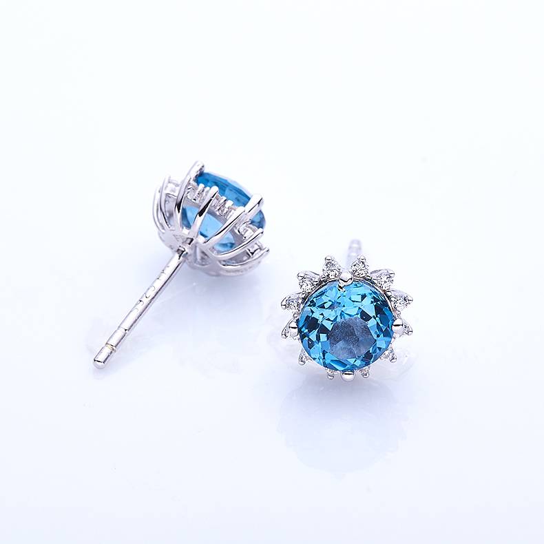 304192/E43484K-2 S925款S925银镀18K白金天然蓝水晶耳钉主石6.0mm