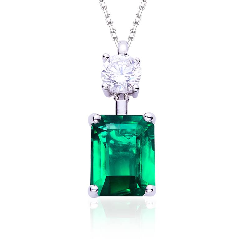 P1917997 长方形高碳钻培育祖母绿S925银镀白金Pendant主石10*8mmmm/3.0ct
