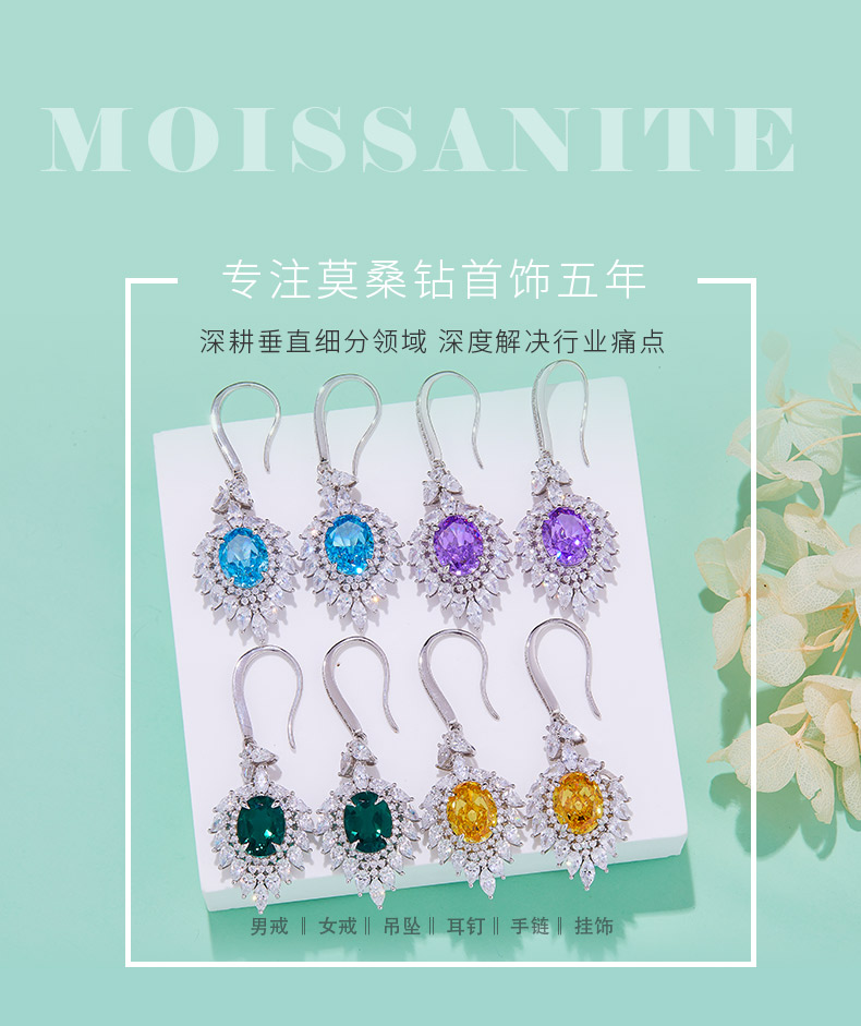 E0079 蛋形高碳钻培育祖母绿S925银镀白金耳环主石10*8mm/4.0CT - 1
