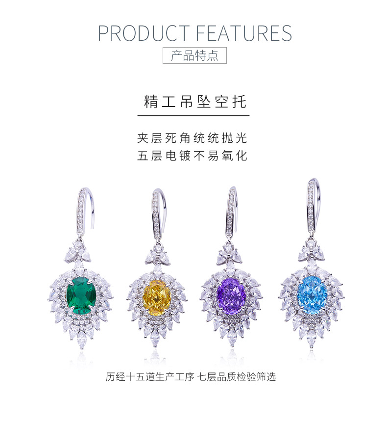 E0079 蛋形高碳钻培育祖母绿S925银镀白金耳环主石10*8mm/4.0CT - 5