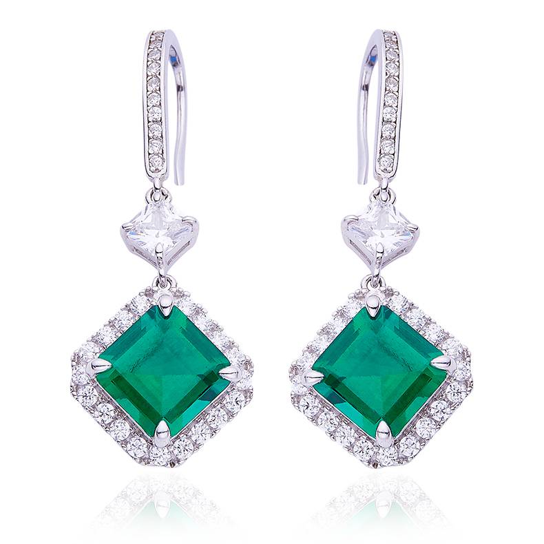 E0037 方形高碳钻培育祖母绿S925银镀白金耳环主石8mm/4.0CT