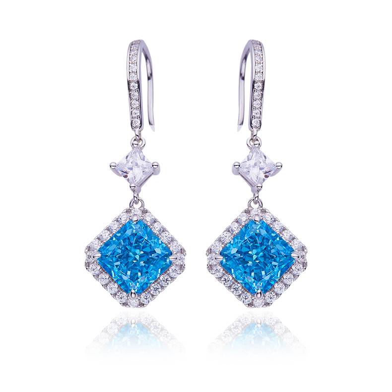 E0037 方形高碳钻培育祖母绿S925银镀白金耳环主石8mm/4.0CT