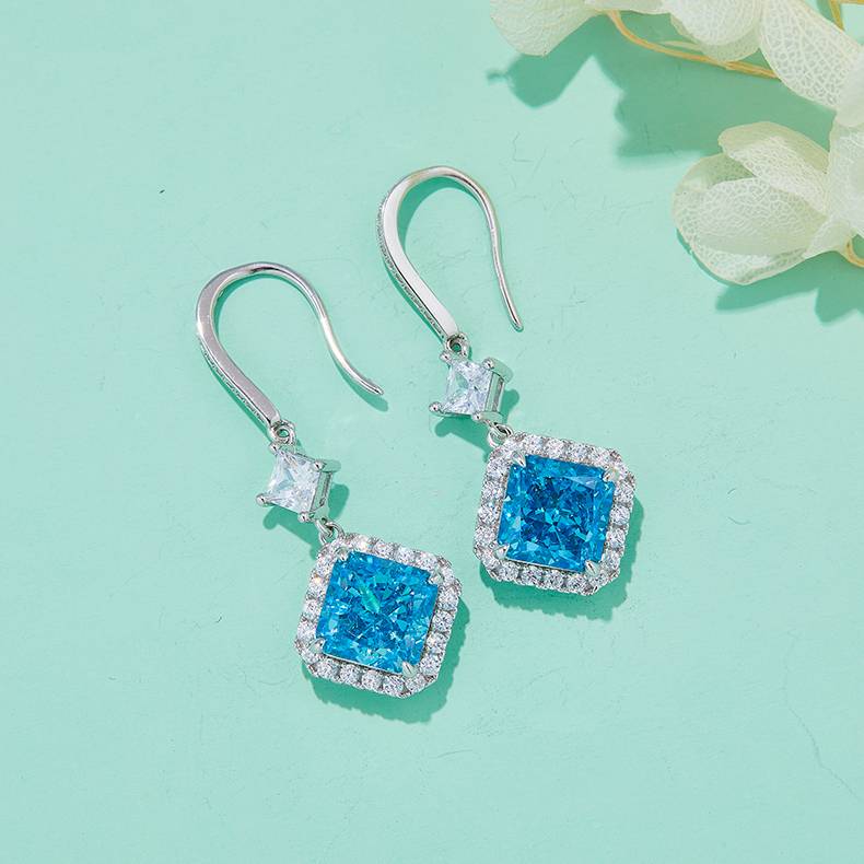 E0037 方形高碳钻培育祖母绿S925银镀白金耳环主石8mm/4.0CT