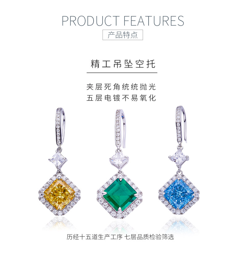 E0037 方形高碳钻培育祖母绿S925银镀白金耳环主石8mm/4.0CT - 5