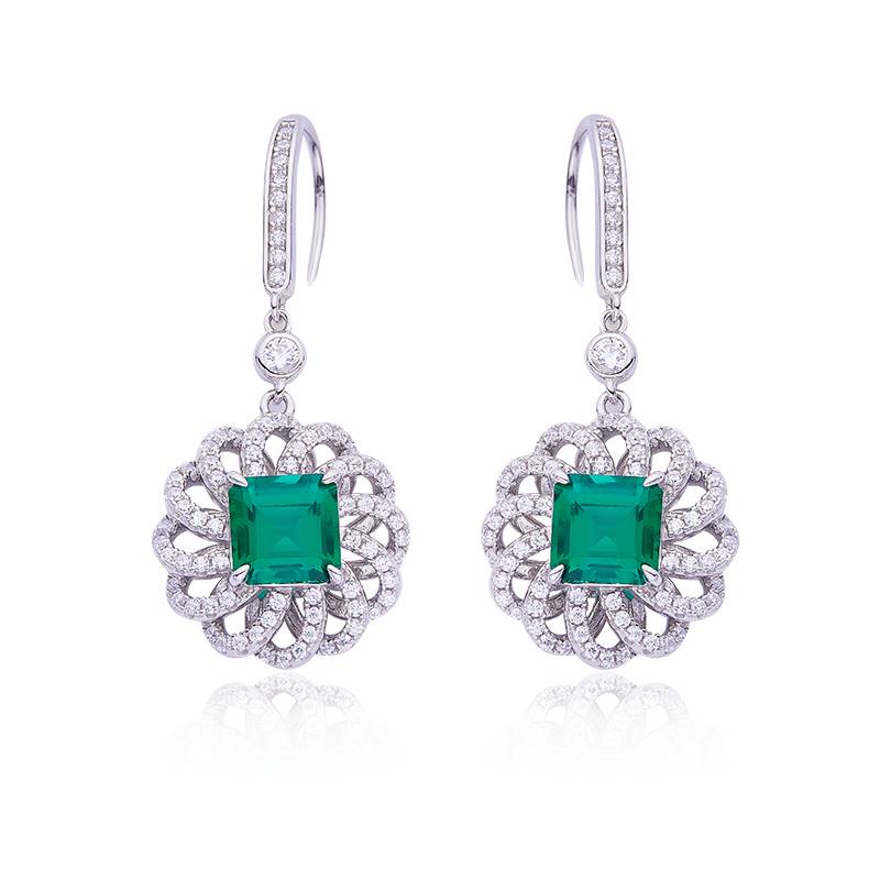 R0014 方形高碳钻培育祖母绿S925银镀白金耳环主石8.0mm/2.0CT