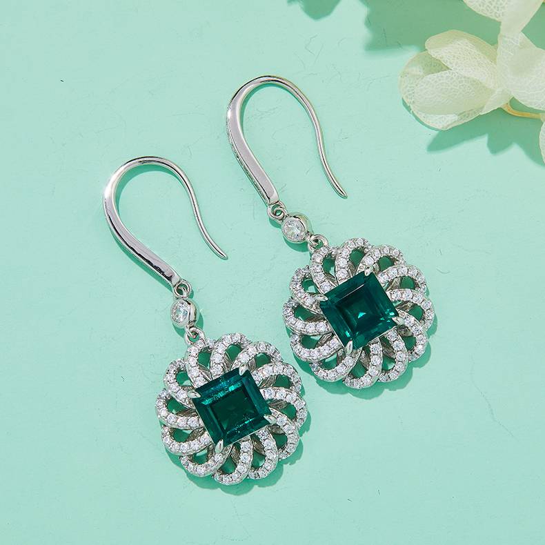 R0014 方形高碳钻培育祖母绿S925银镀白金耳环主石8.0mm/2.0CT
