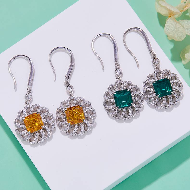 R0014 方形高碳钻培育祖母绿S925银镀白金耳环主石8.0mm/2.0CT