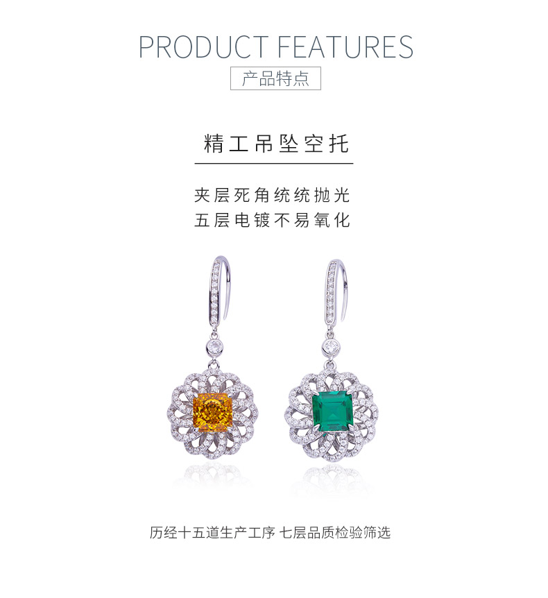 R0014 方形高碳钻培育祖母绿S925银镀白金耳环主石8.0mm/2.0CT - 5