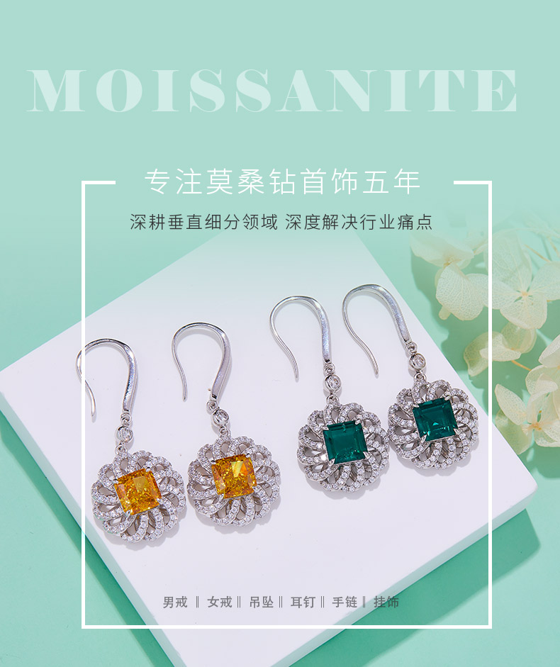 R0014 方形高碳钻培育祖母绿S925银镀白金耳环主石8.0mm/2.0CT - 1