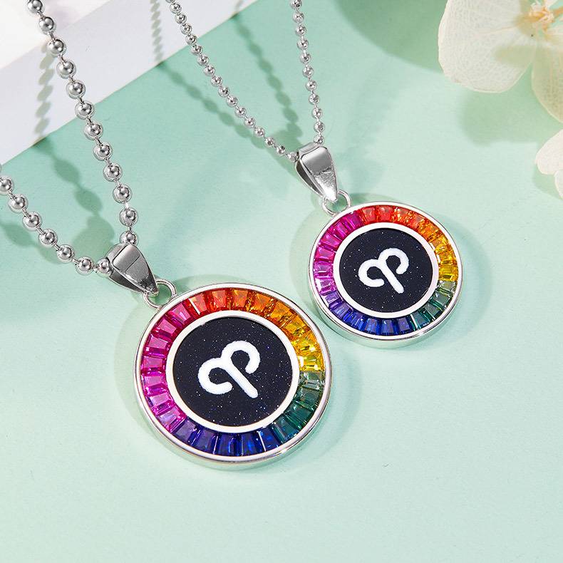 白羊座彩虹色合成宝石星座NecklaceS925银镀白金2.03ct/1.36ct