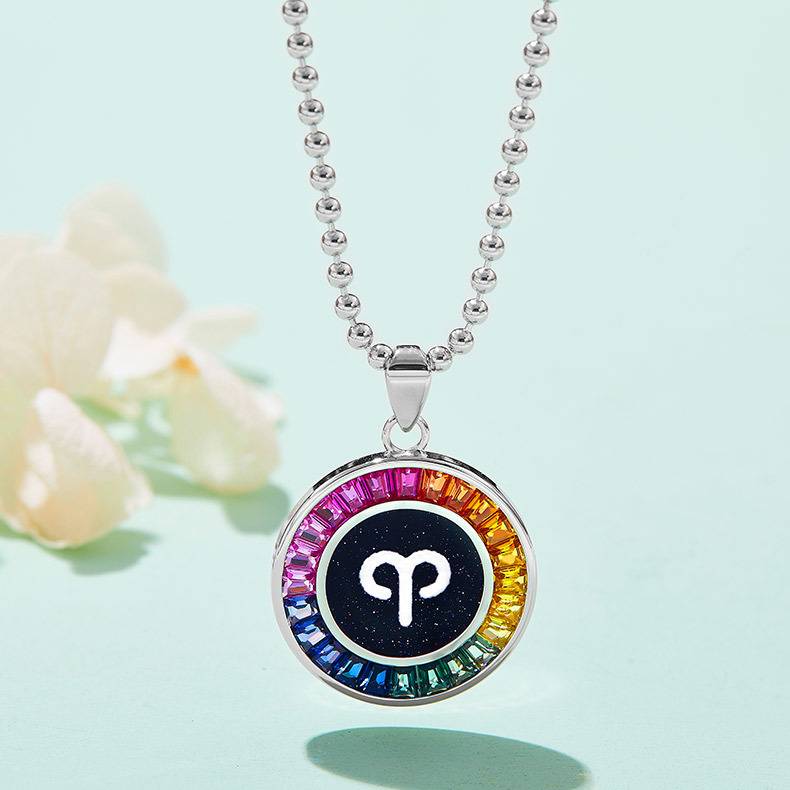 白羊座彩虹色合成宝石星座NecklaceS925银镀白金2.03ct/1.36ct