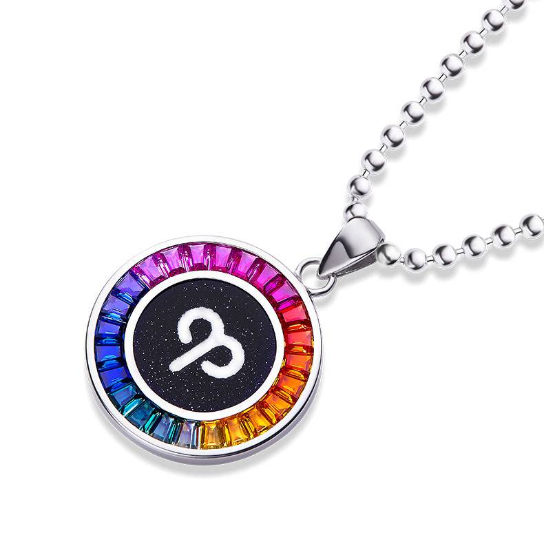 白羊座彩虹色合成宝石星座NecklaceS925银镀白金2.03ct/1.36ct