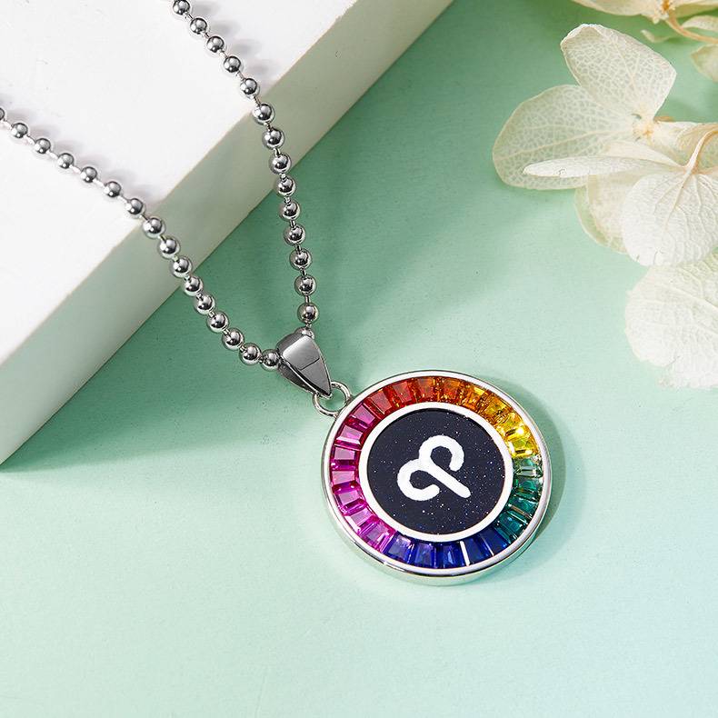 白羊座彩虹色合成宝石星座NecklaceS925银镀白金2.03ct/1.36ct