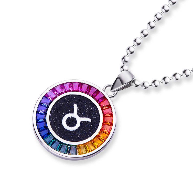金牛座彩虹色合成宝石星座NecklaceS925银镀白金