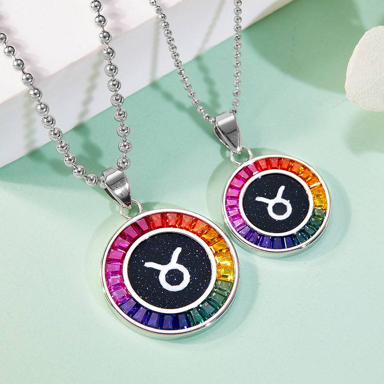 金牛座彩虹色合成宝石星座NecklaceS925银镀白金