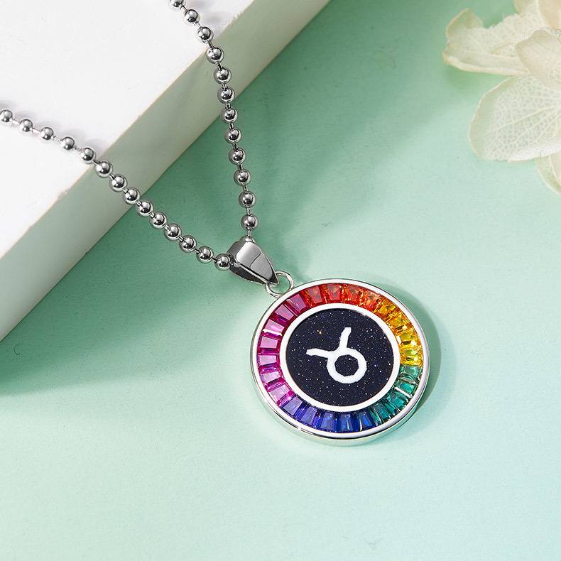 金牛座彩虹色合成宝石星座NecklaceS925银镀白金