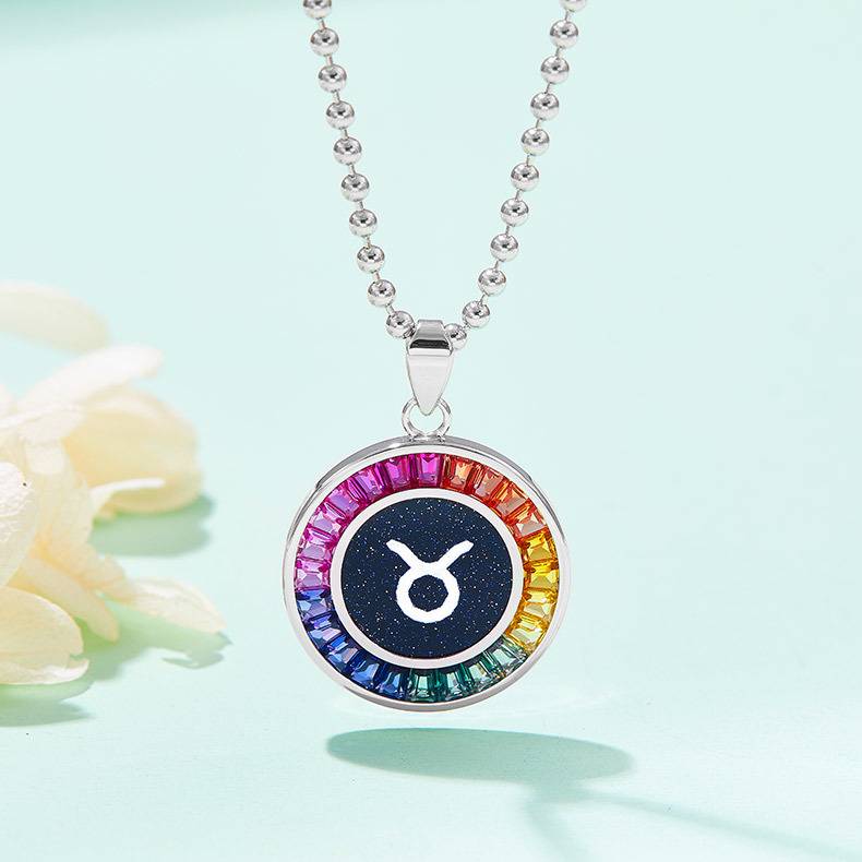 金牛座彩虹色合成宝石星座NecklaceS925银镀白金