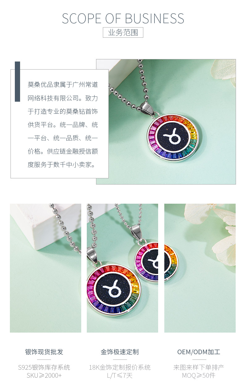 金牛座彩虹色合成宝石星座项链S925银镀白金 - 3