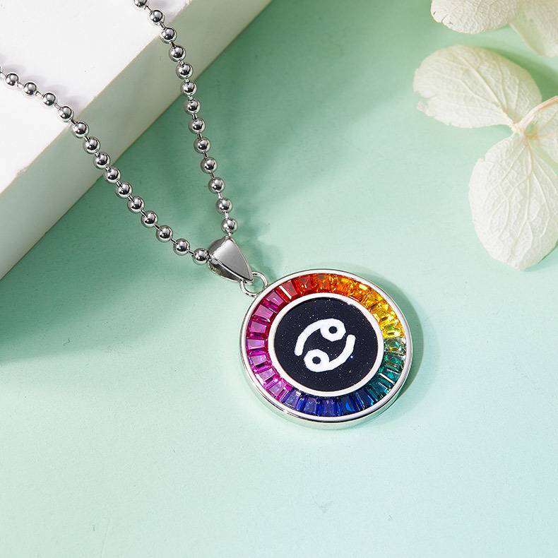 巨蟹座彩虹色合成宝石星座NecklaceS925银镀白金