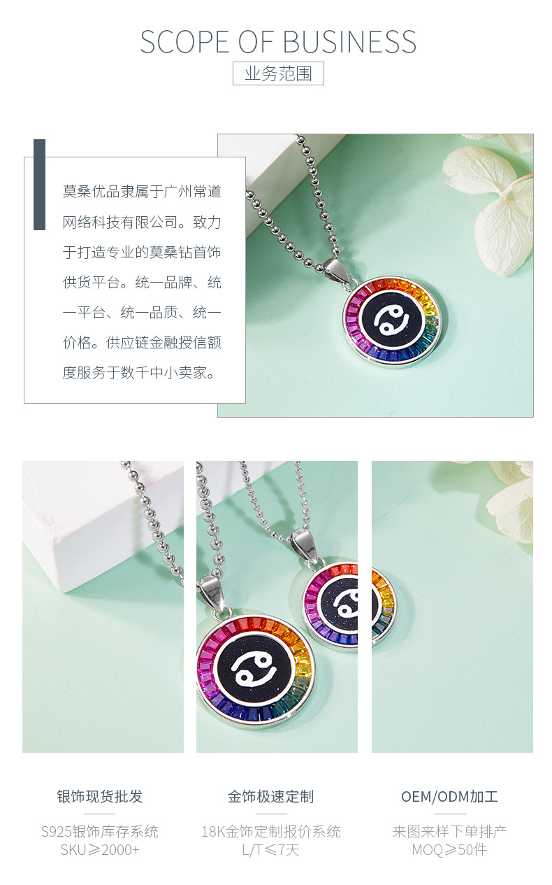 巨蟹座彩虹色合成宝石星座项链S925银镀白金 - 3