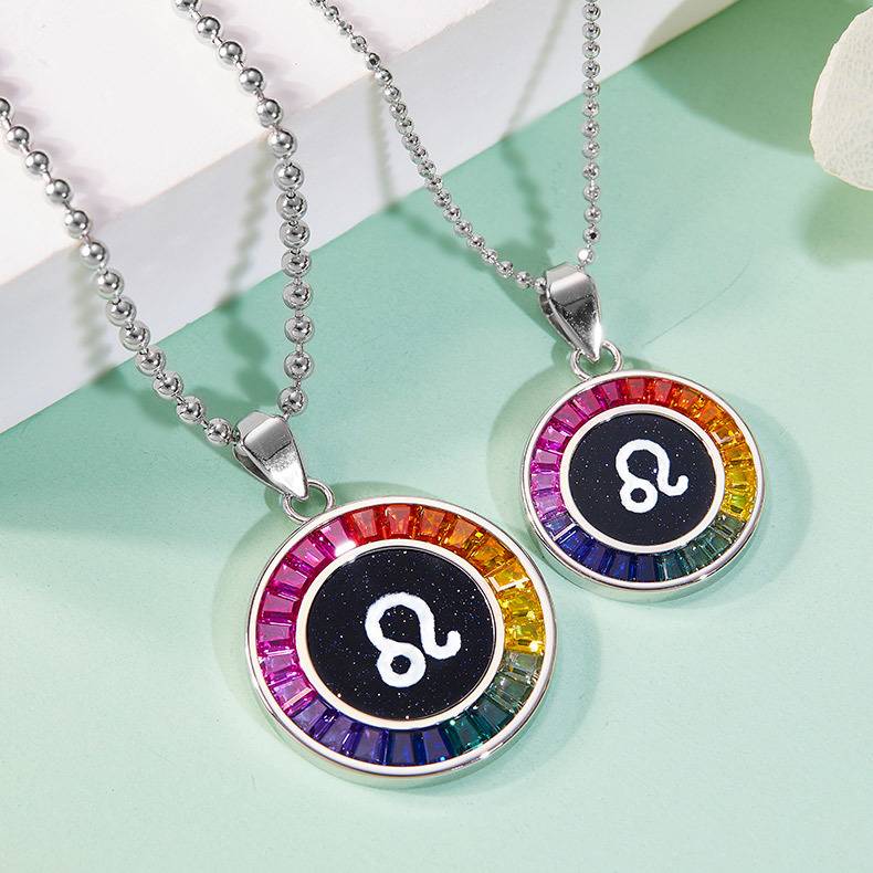 狮子座彩虹色合成宝石星座NecklaceS925银镀白金
