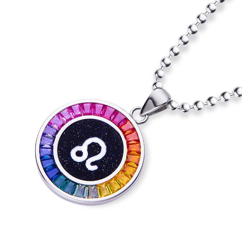 狮子座彩虹色合成宝石星座NecklaceS925银镀白金