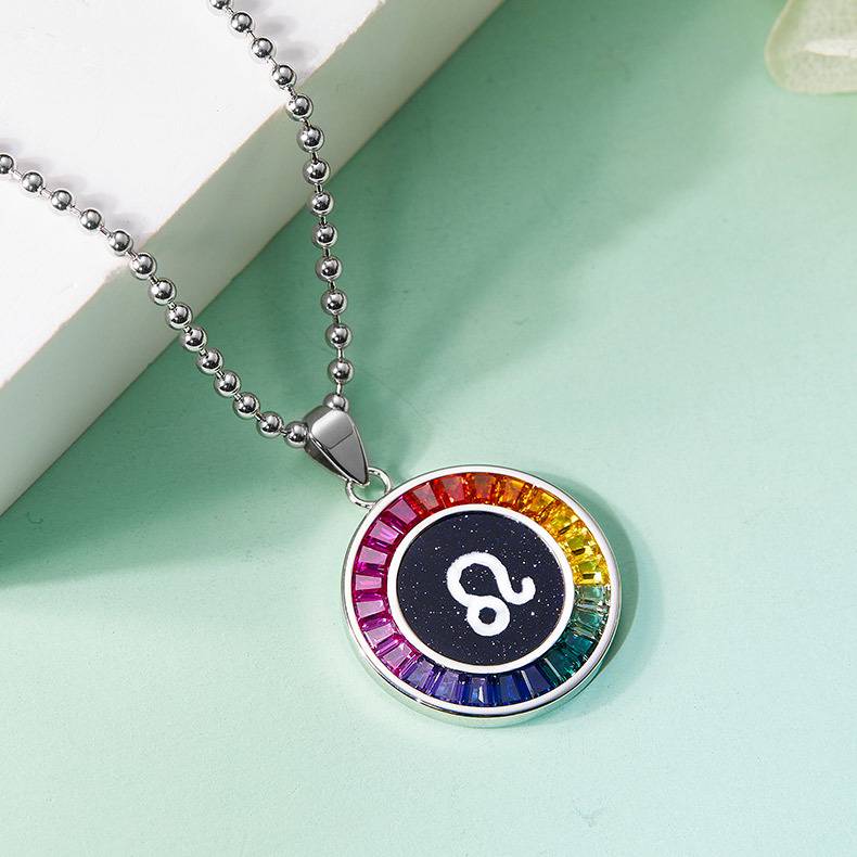 狮子座彩虹色合成宝石星座NecklaceS925银镀白金