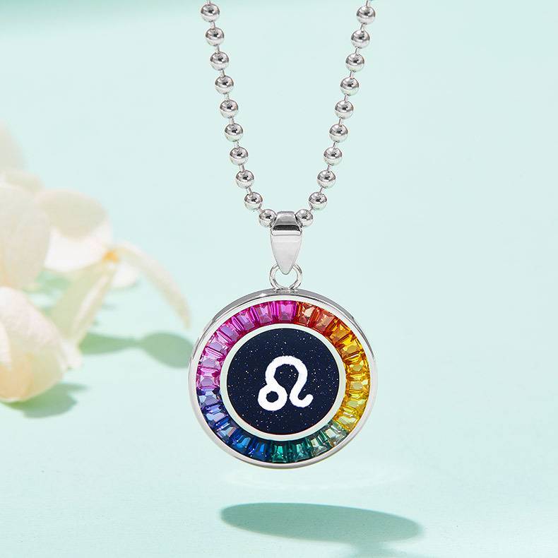 狮子座彩虹色合成宝石星座NecklaceS925银镀白金